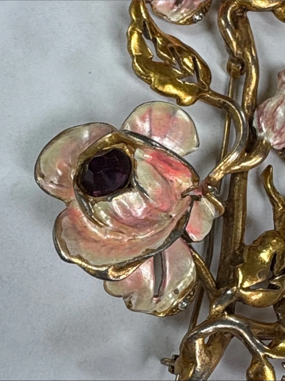 Pink Enamel Floral Brooch with Gold-Tone Leaves